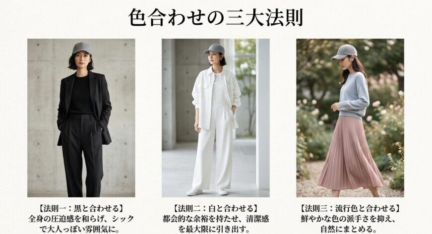 グレーキャップに黒や白の服を合わせて大人の余裕や清潔感を出す配色理論