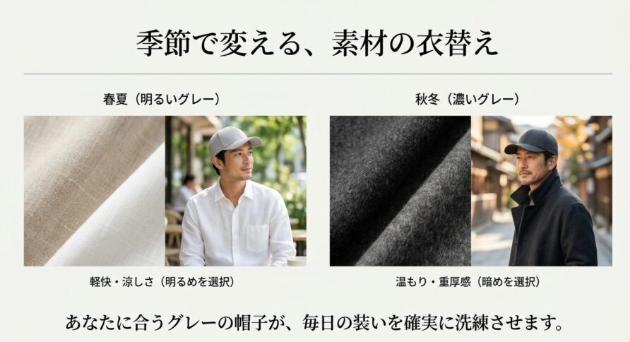 春夏は明るいグレーでリネン等の素材、秋冬は濃いグレーでウール等の素材といった、季節に合わせたキャップの選び方のまとめ