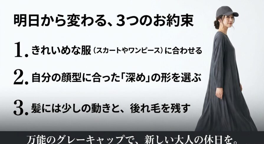 きれいめな服に合わせる、深めの形を選ぶ、髪に動きをつけるというグレーキャップ着こなしの3箇条