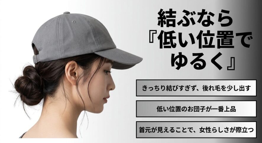 キャップを被る際に後れ毛を出して低い位置でゆるく結ぶ上品なまとめ髪アレンジ
