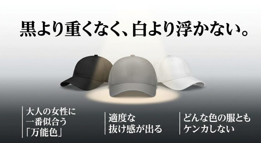 黒より重くなく白より浮かない、どんな服にも合う万能色としてのグレーキャップ