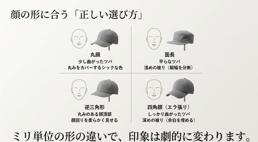 丸顔、面長、逆三角形、四角顔の4つの顔型別に、似合うキャップの形状(ツバや深さ)をまとめたガイド