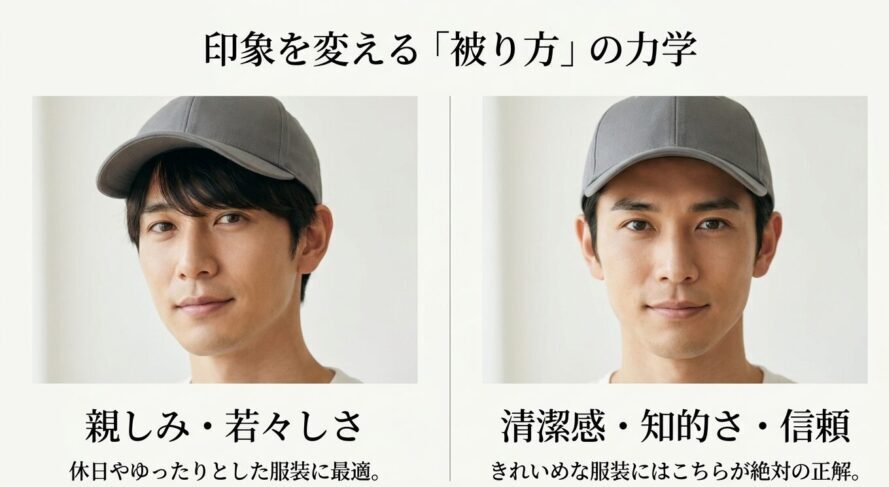 前髪を出して被る「親しみ・若々しさ」と、前髪をしまって被る「清潔感・信頼」の印象の違いを比較した解説スライド
