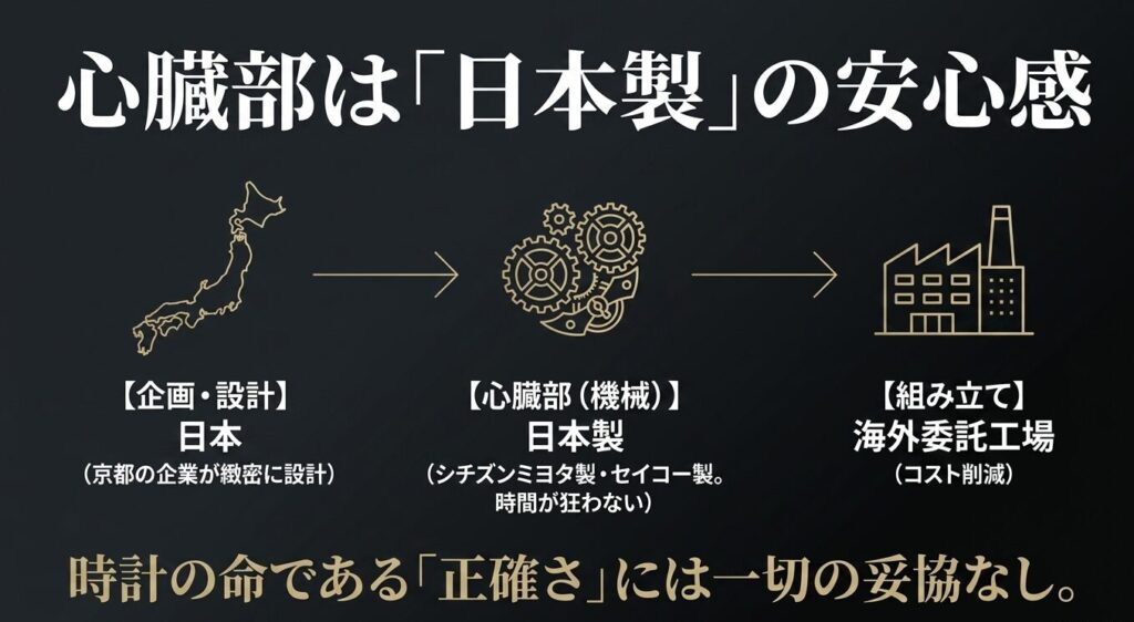 企画は日本、心臓部のムーブメントは日本製、組み立ては海外というヒャクイチの製造背景を図解したスライド