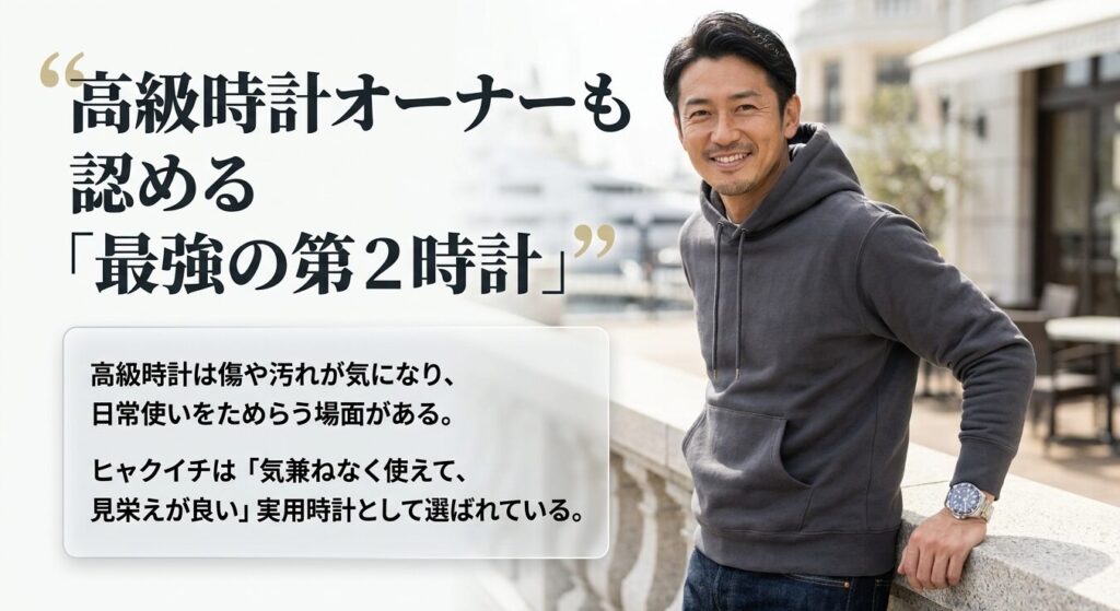 高級時計オーナーが気兼ねなく使える最強の第2時計(セカンドウォッチ)としてヒャクイチを選んでいる理由を示すスライド