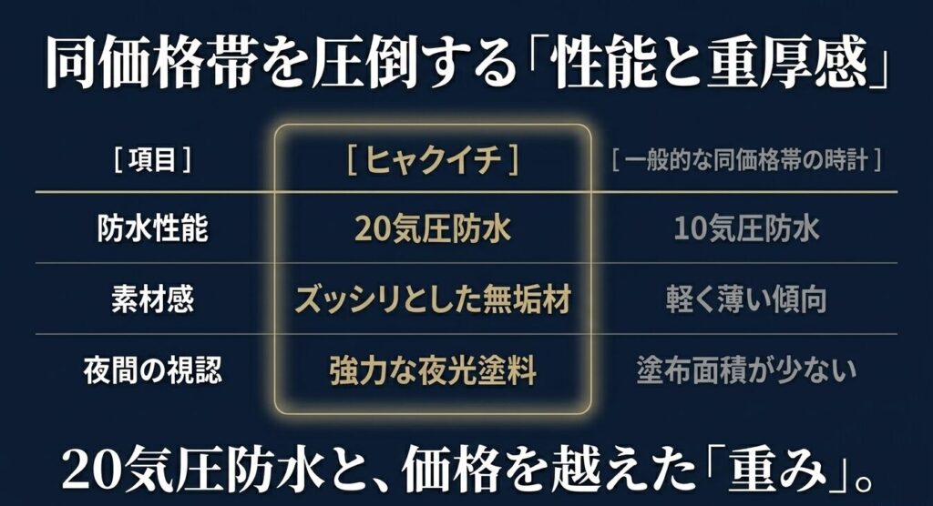 ヒャクイチと一般的な同価格帯の時計の防水性能や素材感、夜間視認性を比較した表スライド