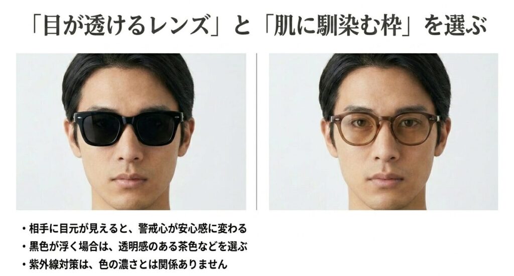 相手に目元が見える透け感のあるレンズと、肌に馴染むカラーを選ぶことで警戒心を安心感に変えるポイントの解説