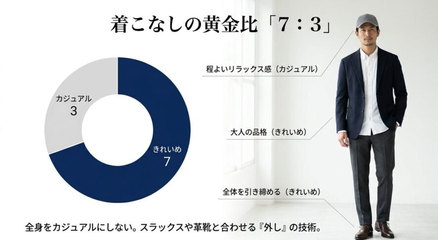きれいめ7割、カジュアル3割という大人カジュアルの黄金比を円グラフで示した図。スラックスや革靴で品格を保つ重要性を解説