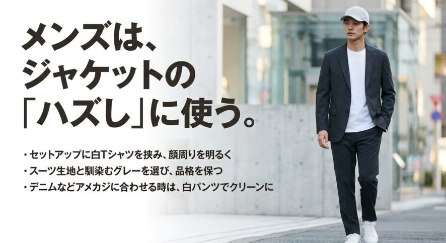 メンズはジャケットのハズしとしてグレーキャップを使う