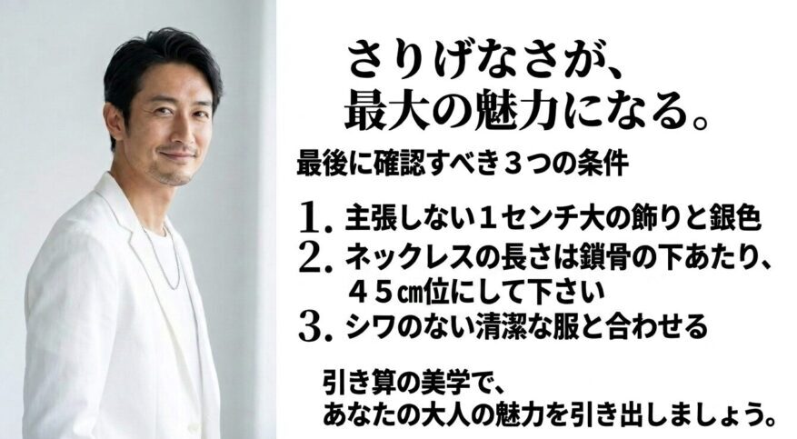 最後に確認すべき3つの条件。1センチ大の銀色飾り、鎖骨下の長さ、シワのない清潔な服に合わせるという引き算の美学のまとめ