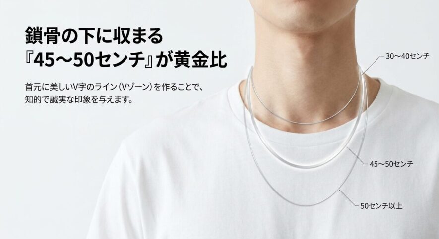 ネックレスの長さの最適解は鎖骨の少し下（45〜50センチ）。首元に美しい空間を作り、知的に見せる黄金バランスの図解
