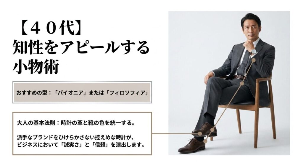 小物術で知性をアピールする40代向けのノードグリーン着用イメージ