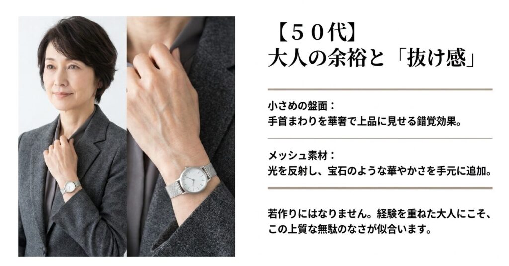 小さめの盤面とメッシュ素材で大人の余裕を演出する50代女性の着用イメージ