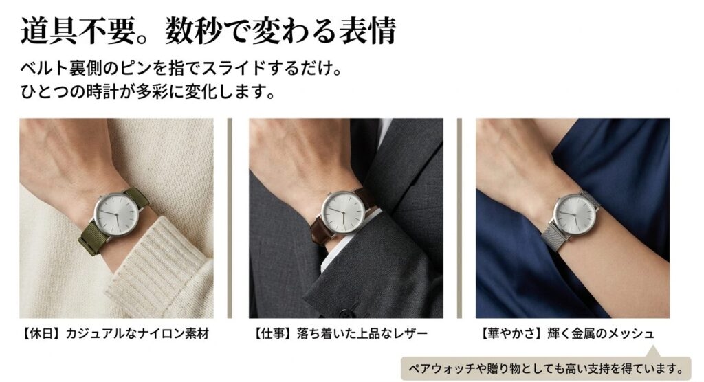 ナイロン、レザー、メッシュの3種類のベルトで多彩に変化するノードグリーンの腕時計