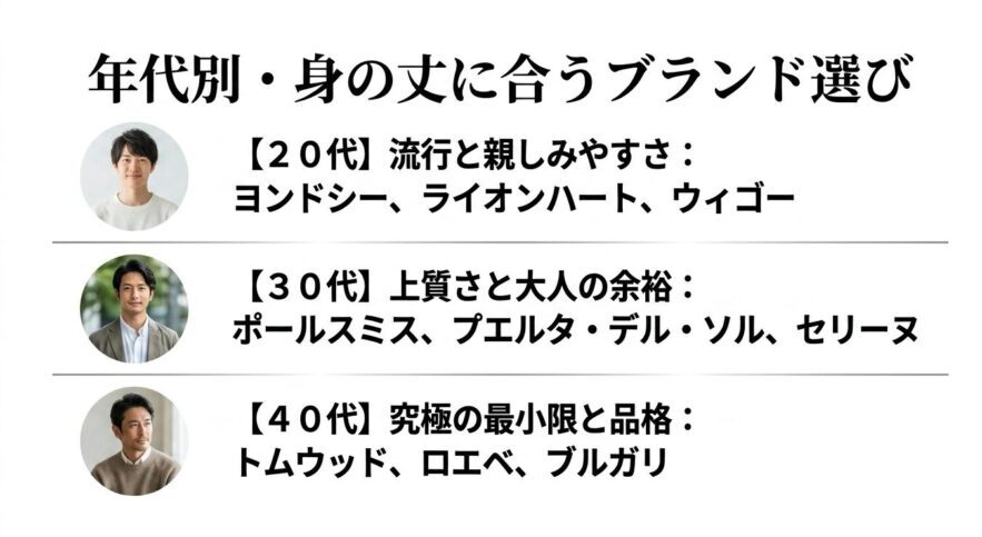 20代は流行と親しみやすさ、30代は上質さと余裕、40代は究極の最小限と品格など、年代別・身の丈に合うおすすめブランド選びのまとめ