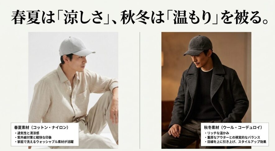 春夏素材（コットン・ナイロン）と秋冬素材（ウール・コーデュロイ）の選び方