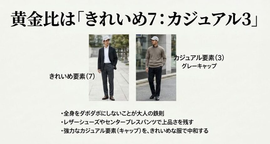 グレーキャップを使ったきれいめ7対カジュアル3の黄金比コーディネート