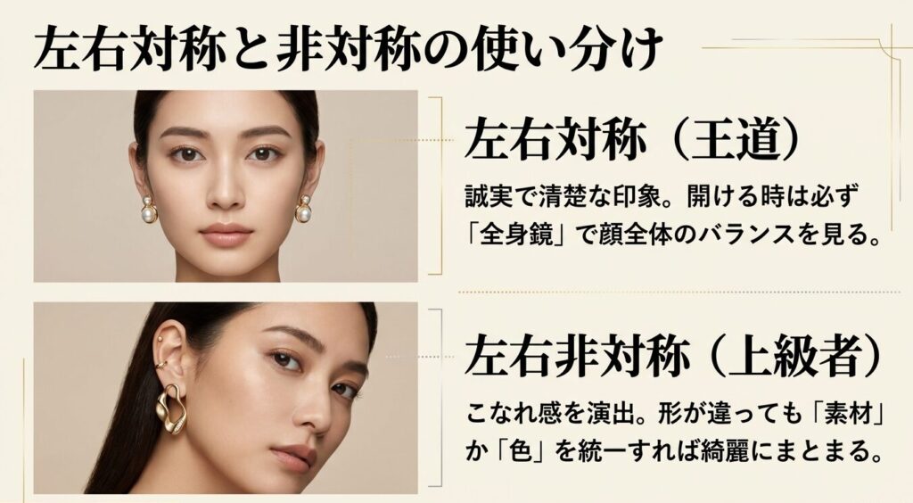 ピアスの配置の使い分け。左右対称は誠実で清楚な印象を与える王道スタイル、左右非対称は素材や色を統一してこなれ感を演出する上級者スタイル。