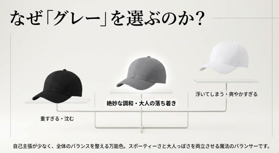 黒、グレー、白のキャップの視覚的効果の比較。グレーが最も絶妙な調和と大人の落ち着きをもたらすバランサーであることを説明する図解