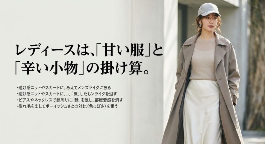 レディースは甘い服と辛い小物としてグレーキャップを掛け合わせる