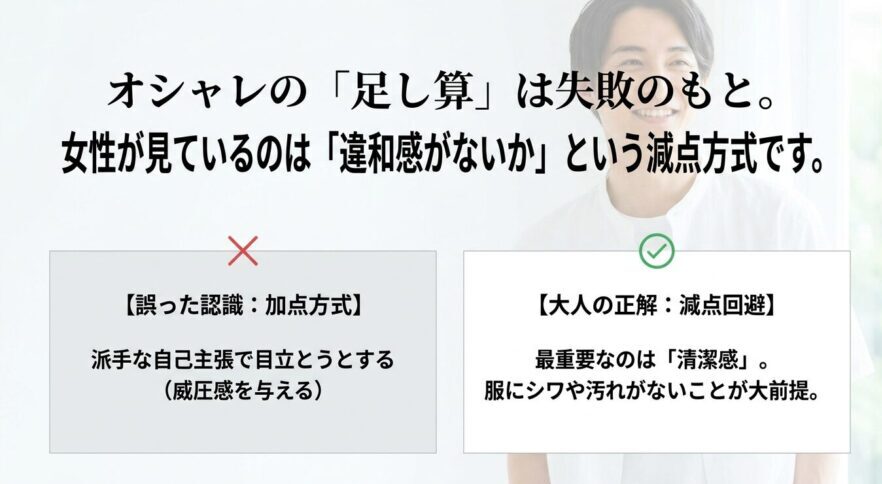 女性が見ているのは違和感がないかという減点方式。派手な自己主張による威圧感を避け、清潔感を最重要視する大人の正解を図解