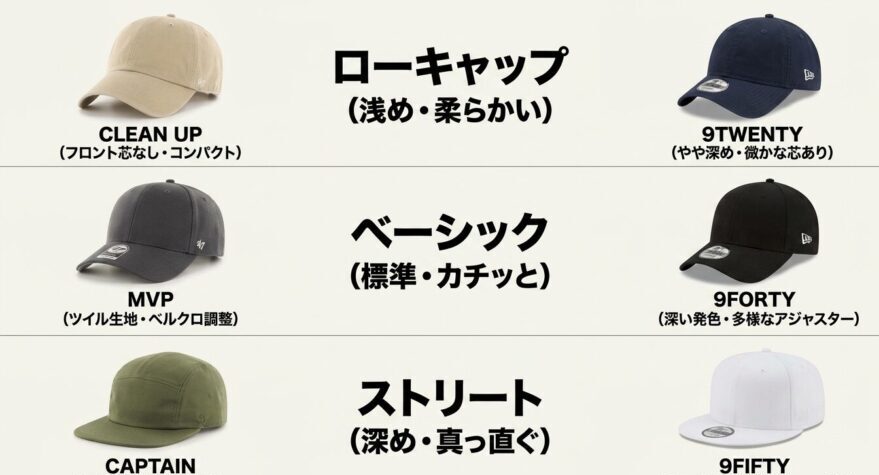 CLEAN UP、9TWENTYなど47とニューエラの代表的なキャップモデルのシルエット比較