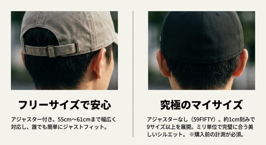 アジャスター付きフリーサイズの47と、約1cm刻みでサイズ展開するニューエラ59FIFTYの違い