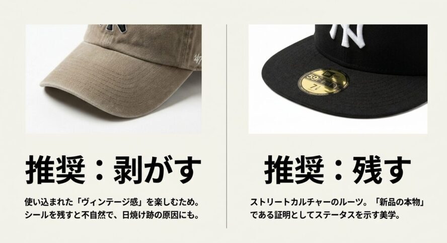 ヴィンテージ感を楽しむためシールを剥がす47と、ストリートの美学として残すニューエラの推奨スタイル