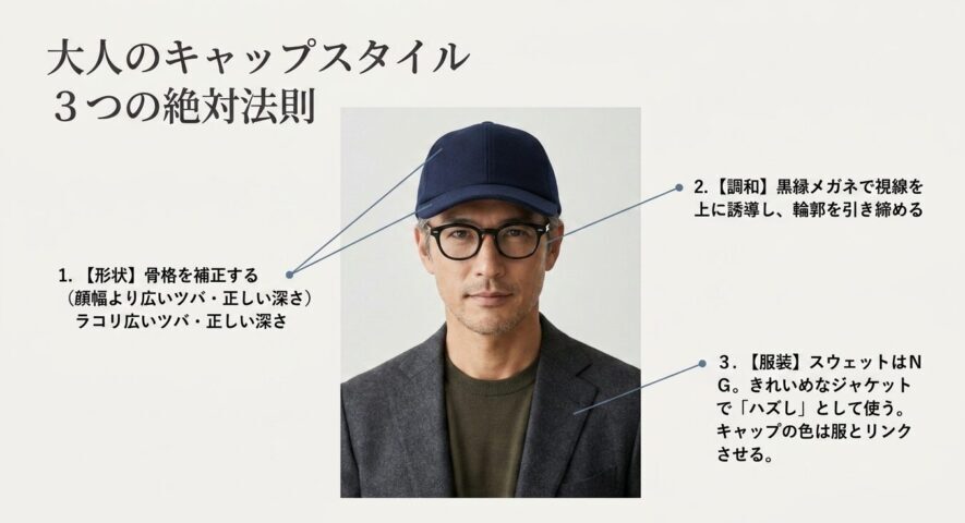 形状の補正、メガネとの調和、きれいめな服装による大人のキャップスタイルの法則