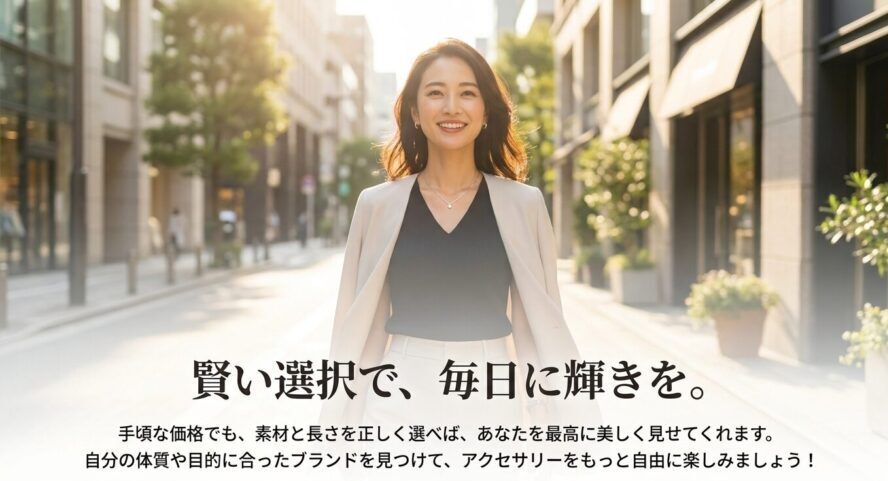 手頃な価格でも素材と長さを正しく選べば美しく見せられるという、アクセサリーを自由に楽しむためのまとめメッセージスライド