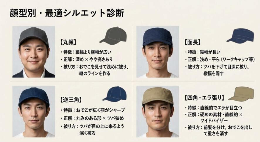 丸顔、面長、逆三角、四角・エラ張り別の最適なキャップの形と被り方