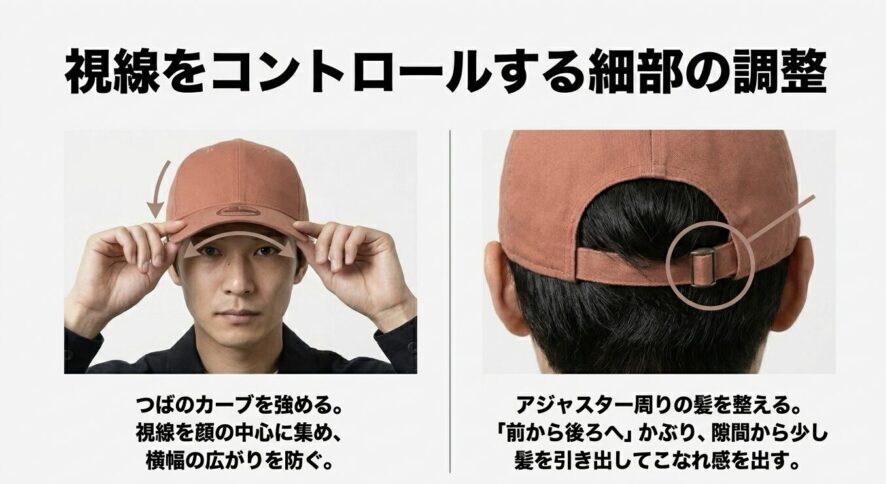 つばのカーブを強め、アジャスター周りの髪を整える視線コントロールのコツ