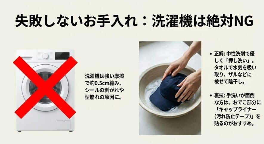 キャップの洗濯機洗いは縮みや型崩れの原因になるため絶対NG、中性洗剤での押し洗いを推奨