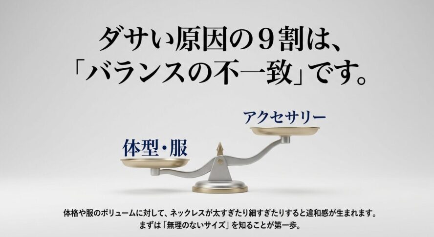 ダサい原因の9割である、アクセサリーと体格や服のボリュームのバランスの不一致を示す図解