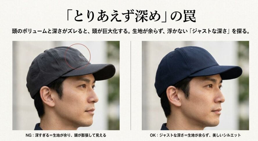 キャップの深さと頭のボリュームのバランスによる見え方の違い