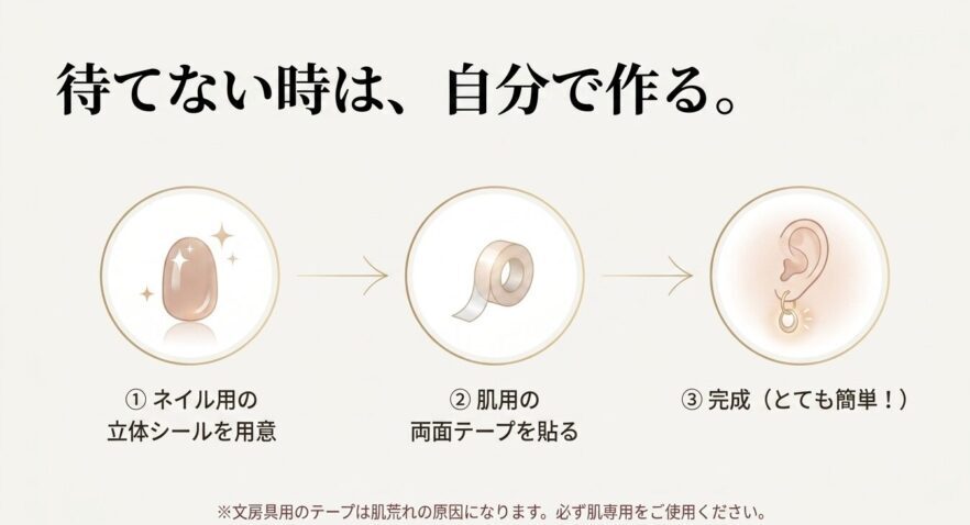 ネイル用の立体シールと肌用の両面テープを貼り合わせるだけで完成する、とても簡単なピアスシールの手作り手順