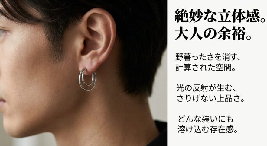 2連ピアスがもたらす絶妙な立体感と大人の余裕。野暮ったさを消す計算された空間。