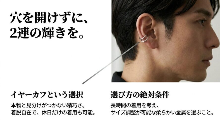 穴を開けずに2連の輝きを楽しめるイヤーカフという選択。選び方の絶対条件。