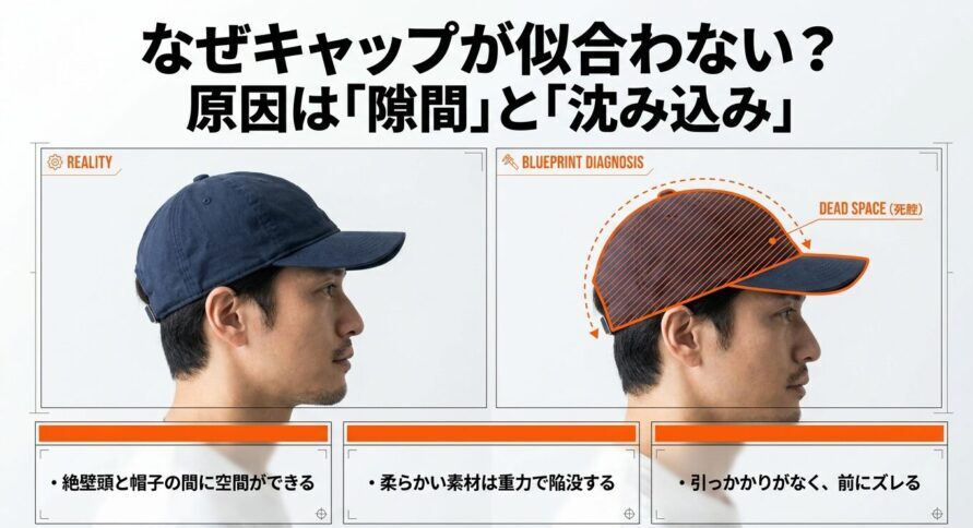 絶壁頭でキャップが似合わない原因である空間の陥没とストッパーの不在