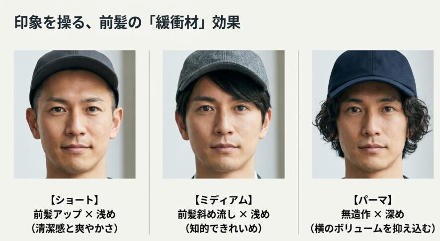 ショート、ミディアム、パーマヘア別の前髪の出し方とキャップの被り方