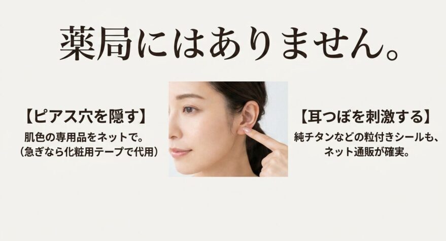 薬局には販売がなく、ピアス穴を隠す肌色シールや、純チタンなどの粒が付いた耳つぼシールはネット通販が確実であることを示すスライド