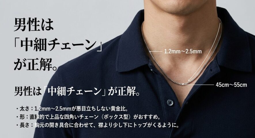 男性におすすめのネックレスの黄金比(太さ1.2mmから2.5mm、長さ45cmから55cmの中細ボックス型チェーン)