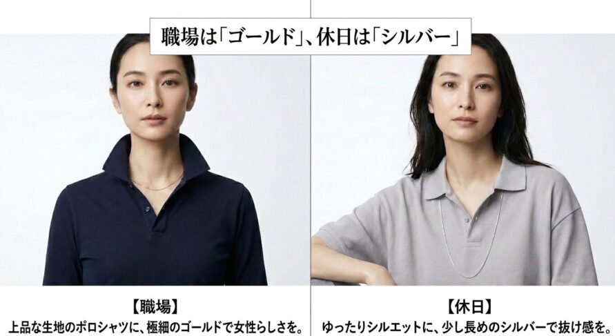 職場では上品なゴールドネックレス、休日には抜け感のあるシルバーネックレスを取り入れるシーン別の着回し例