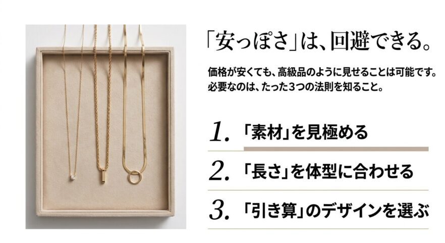 ネックレスの安っぽさを回避する3つの法則として、素材の見極め、長さを体型に合わせる、引き算のデザインを選ぶことを紹介するスライド