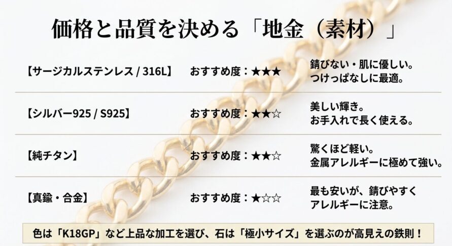 サージカルステンレス、シルバー925、純チタン、真鍮・合金の特徴とおすすめ度を比較した一覧スライド