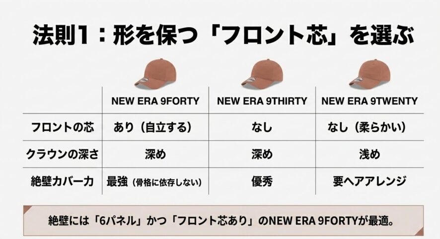 NEW ERAの9FORTY、9THIRTY、9TWENTYのクラウンの深さとフロント芯の比較