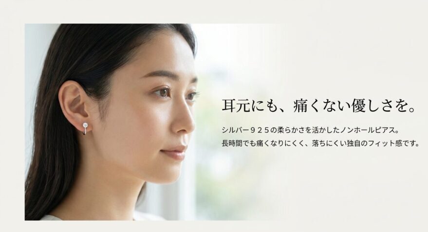 シルバー925の柔らかさを活かし長時間着けても痛くなりにくいノンホールピアス（イヤリング）