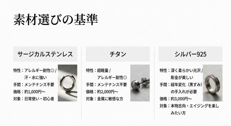 サージカルステンレス、チタン、シルバー925など、ピアス素材選びの基準と特性の比較。