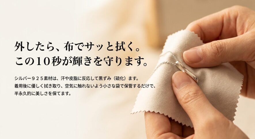 シルバー925素材のネックレスの黒ずみ(硫化)を防ぐため、着用後に布でサッと拭く10秒のメンテナンス方法
