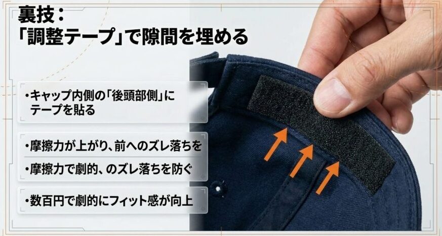 サイズ調整テープを後頭部側に貼って人工ストッパーを仕込む方法